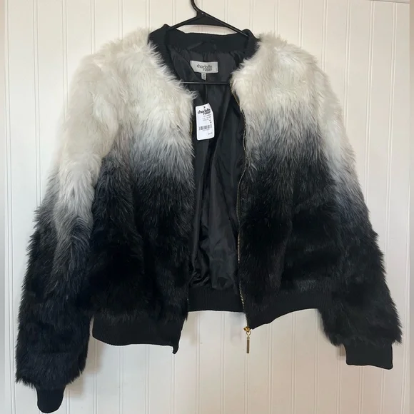 FUZZY ZIP UP COAT, FUZZY JACKET, BLACK AND WHITE FUZZ, WOMENS SIZE MEDIUM - Picture 3 of 5